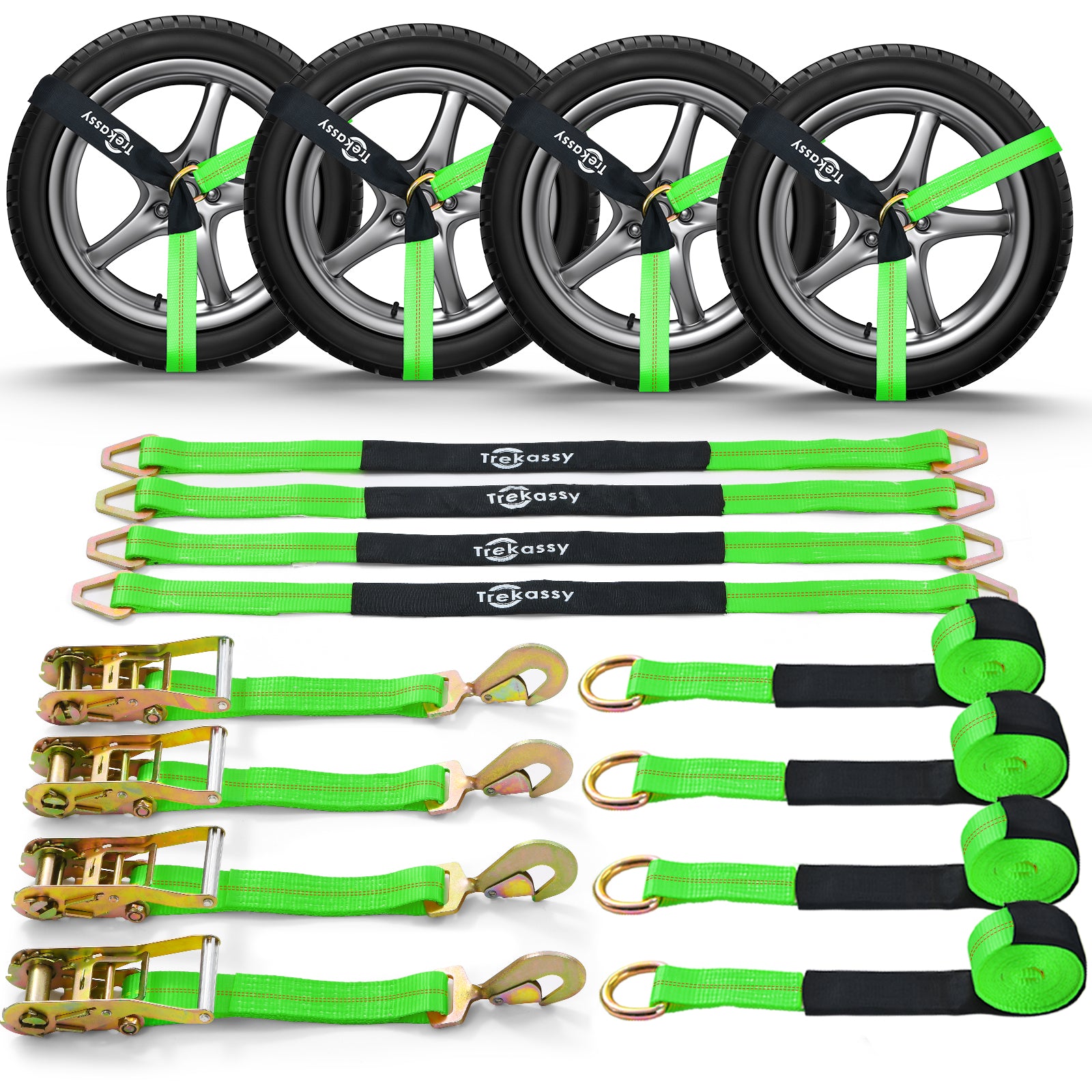 【4 Pack】 2x12' Wheel Lasso Strap Snap Hook Ratchet Tire Tie Down Car Hauler Kit
