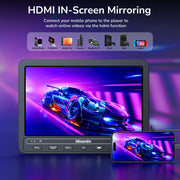 10.5 Inch DVD Player for Car with 5-Hour Rechargeable Battery, Support HDMI Input, Sync Phone/TV, 1080P Videos, USB SD, Last Memory, Region Free