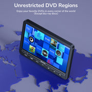 10.5 Inch DVD Player for Car with 5-Hour Rechargeable Battery, Support HDMI Input, Sync Phone/TV, 1080P Videos, USB SD, Last Memory, Region Free