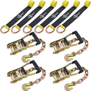 6 × Tie Down Straps Tire straps and 4 Solid Ratchet Straps with 16" Heavy Duty Chain & Snap Hooks