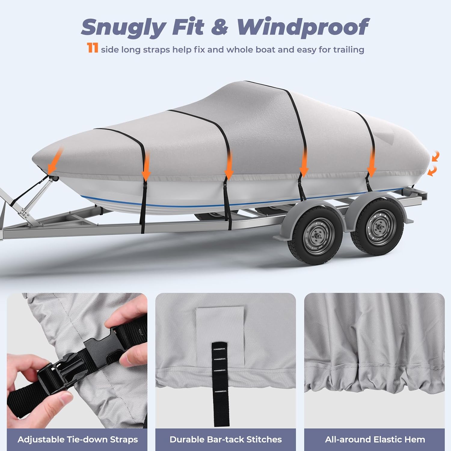 thumbnail image 2 of QX Trailerable Boat Cover – Waterproof 210D Polyester, V-Hull Runabout, 14-16ft, 4 Straps 2 of 4