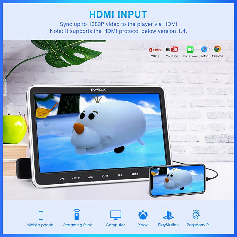 Pumpkin Dual Screen Car Headrest DVD Player with Suction Design, Car Seat TV for Kids with HDMI Input Mounting Bracket and Remote Control